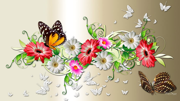 흰색, 빨간색과 보라색 데이지 꽃과 갈색 나비 벽지, 꽃, 콜라주, 나비, 꽃다발, 꽃잎, 나방, HD 배경 화면
