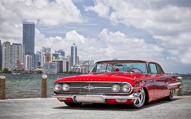 classic red coupe, 1960 Chevrolet Impala, car, red cars, oldtimers, cityscape, vehicle, HD wallpaper