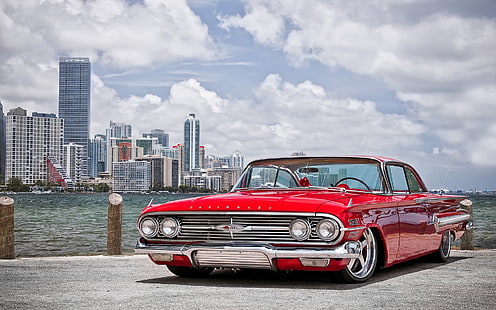 klasyczne czerwone coupe, 1960 Chevrolet Impala, samochód, czerwone auta, oldtimery, pejzaż miejski, pojazd, Tapety HD HD wallpaper