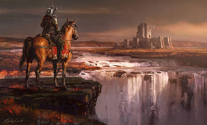 Wiedźmin, Wiedźmin 3: Dziki Gon, Geralt of Rivia, Horse, Warrior, Waterfall, Tapety HD