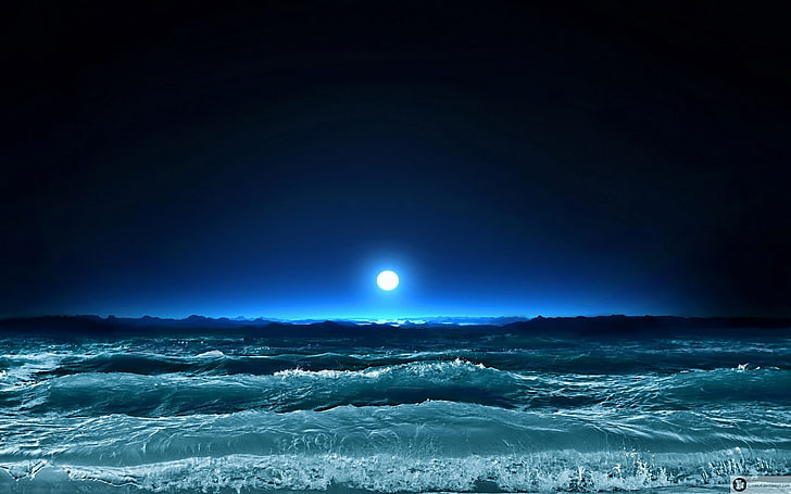 ocean waves at night wallpaper, moon, light, sea, night, waves, art, HD wallpaper