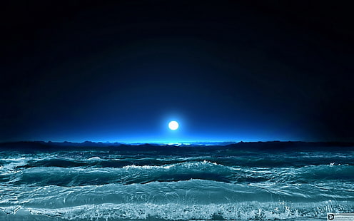 Fale oceanu w nocy Tapeta, księżyc, światło, morze, noc, fale, sztuka, Tapety HD HD wallpaper