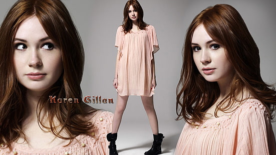 Karen Gillan, redhead, dress, legs, shoes, women, collage, face, HD wallpaper HD wallpaper