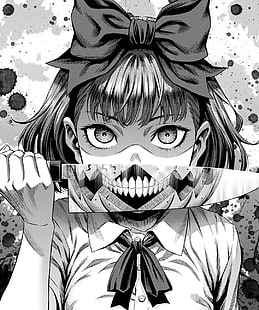  manga, anime, gore, knife, dark, low saturation, monochrome, black, white, anime girls, Psycho, psychonauts, HD wallpaper HD wallpaper