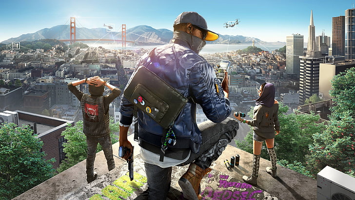 two men and one female character computer game wallpaper, Watch Dogs 2, PC, PlayStation 3, PlayStation 4, Xbox 360, Xbox One, HD wallpaper