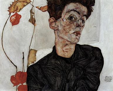 Selbstporträt, Egon Schiele, mit Blumenlaternen, HD-Hintergrundbild HD wallpaper