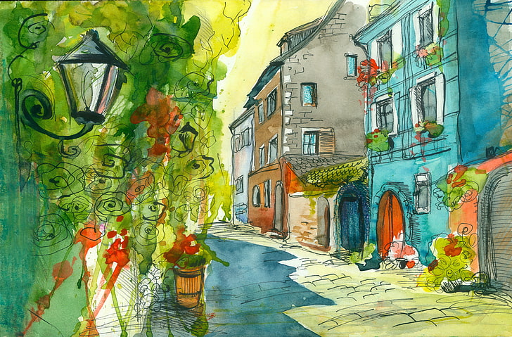 sketsa bangunan, bunga, jalan, rumah, lentera, lukisan cat air, Wallpaper HD