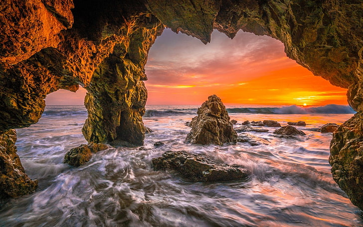 Caves, Cave, Beach, Earth, Horizon, Ocean, Rock, Sea, Sun, Sunset, HD wallpaper