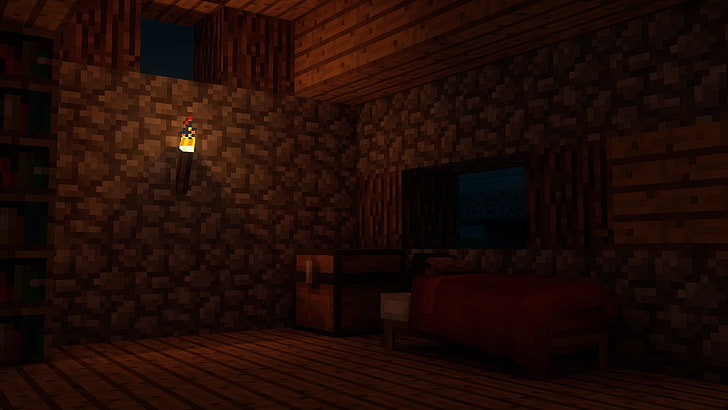 茶色の電気壁取り付け用燭台、Minecraft、ビデオゲーム、ベッド、家、睡眠、夜、 HDデスクトップの壁紙
