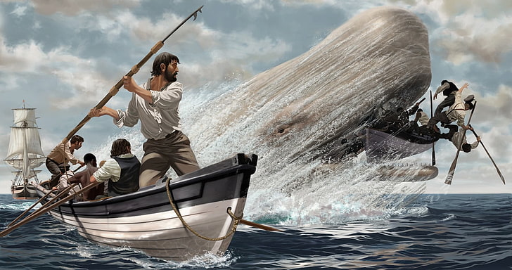 groupe de personnes attraper le papier peint numérique baleine, nature, animaux, mer, Moby Dick, baleine, œuvres d'art, hommes, bateau, navire, vagues, combats, Fond d'écran HD