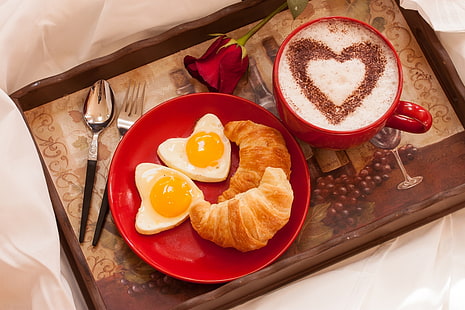 Food, Breakfast, Coffee, Croissant, Cup, Egg, HD wallpaper HD wallpaper