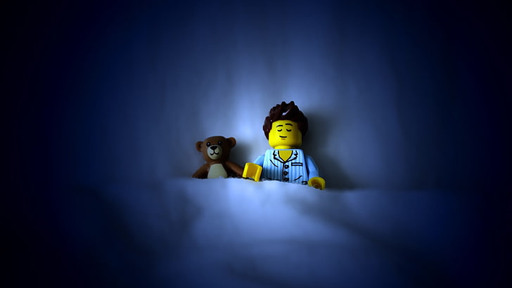 Mini Fig and bear plush toy, LEGO, sleeping, HD wallpaper