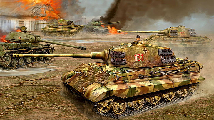 танковые войны, цифровые обои, война, рисунок, битва, тигр II, король тигр, is-2, тяжелый танк, is-2.Королевский тигр, пламя войны, Panzerkampfwagen VI, HD обои