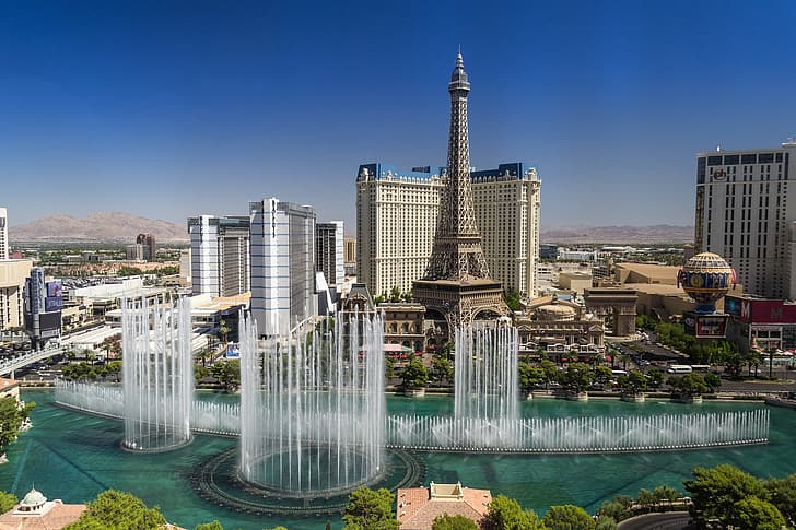 Las Vegas, USA, Nevada, fountains, The Strip, HD wallpaper