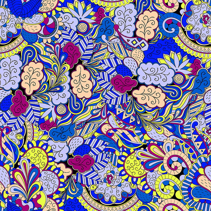 biru, kuning, latar belakang, pola, vektor, tekstur, Paisley, Wallpaper HD