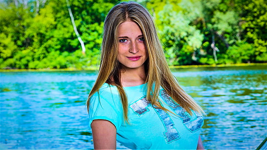 Шиела А, модел, усмихнат, езеро, жени, HD тапет HD wallpaper
