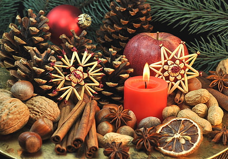 Capodanno, biscotti, Natale, dolci, frutta, noci, cannella, Natale, decorazione, allegro, Sfondo HD HD wallpaper