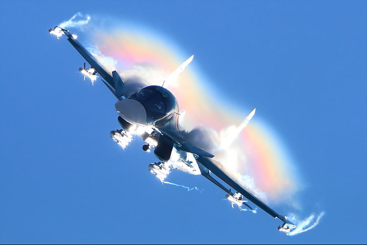 white and black ceiling fan, Sukhoi Su-34, rainbows, HD wallpaper