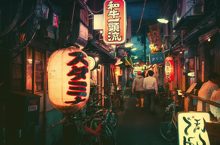 茶色の提灯、日本、夜、町、都市、 HDデスクトップの壁紙
