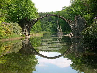 Vom Menschen geschaffene, Teufelsbrücke, Brücke, Fantasie, Wald, Fluss, Auenland, Stein, Holz, HD-Hintergrundbild HD wallpaper