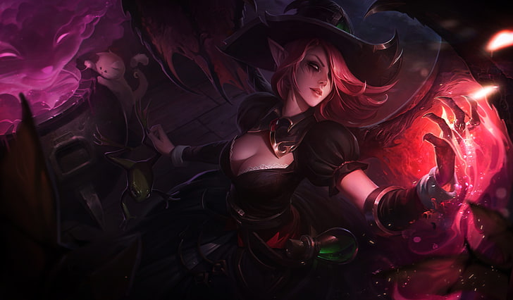 Halloween, witch hat, hat, witch, cleavage, League of Legends, pointed ears, wings, HD wallpaper