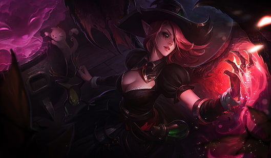 Halloween, witch hat, hat, witch, cleavage, League of Legends, pointed ears, wings, HD wallpaper HD wallpaper