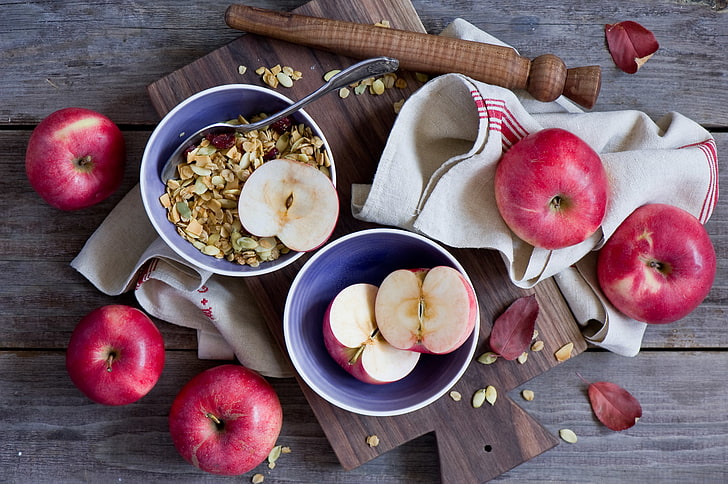 apples, food, Breakfast, plates, fruit, granola, HD wallpaper