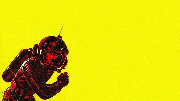 astronaut wallpaper, Have Space Suit Will Travel, yellow background, vintage, astronaut, minimalism, science fiction, artwork, HD wallpaper