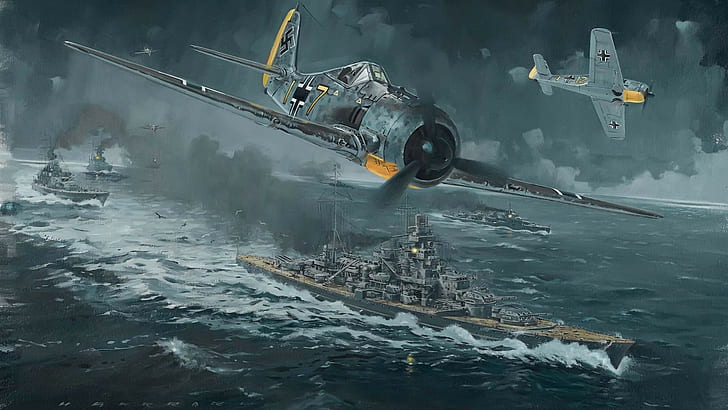 WWII World War Airplane Plane Drawing Battleship Fw 190 Channel Dash 1942 Operation Cerberus HD, digital/artwork, drawing, world, war, plane, airplane, dash, wwii, battleship, cerberus, operation, channel, 1942, 190, fw, HD wallpaper