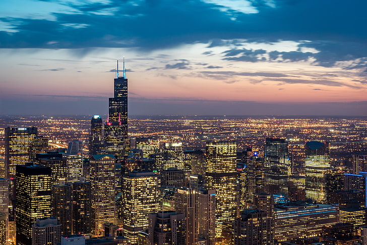 забележителен град, Чикаго, САЩ, небостъргачи, нощ, HD тапет