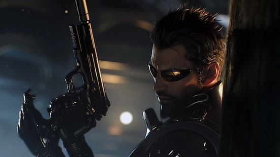 svart och grått och svart hårblåsare, Deus Ex: Human Revolution, Deus Ex: Mankind Divided, Adam Jensen, videospel, män, CGI, svart hår, pistol, Augmentation, Deus Ex, HD tapet HD wallpaper