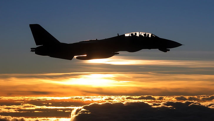 black plane, military aircraft, airplane, jets, sky, silhouette, clouds, sunlight, Grumman F-14 Tomcat, military, aircraft, HD wallpaper