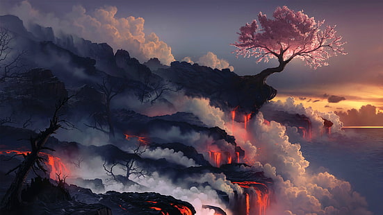 árbol de hoja rosa, lava, naturaleza, árboles, Fondo de pantalla HD HD wallpaper