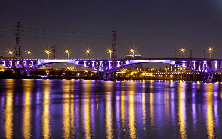 paisaje urbano, puente, líneas eléctricas, luces de la ciudad, noche, Fondo de pantalla HD
