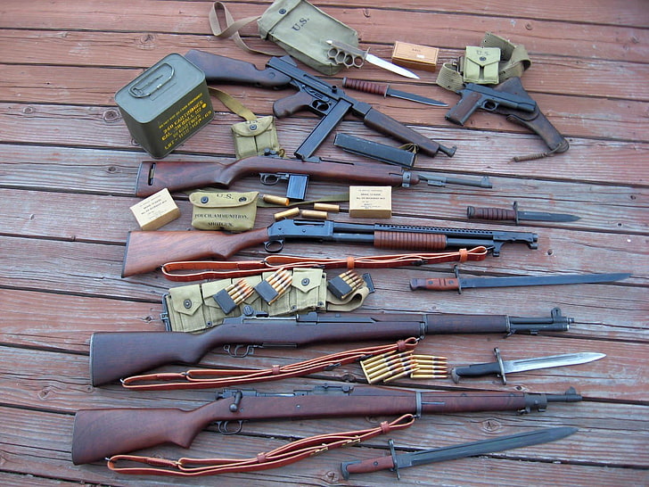 municiones, Colt 1911, pistola, cuchillo, carabina M1, M1903 Springfield, Thompson, Fondo de pantalla HD