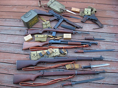 ammunition, Colt 1911, gun, knife, M1 carbine, M1903 Springfield, Thompson, HD wallpaper HD wallpaper