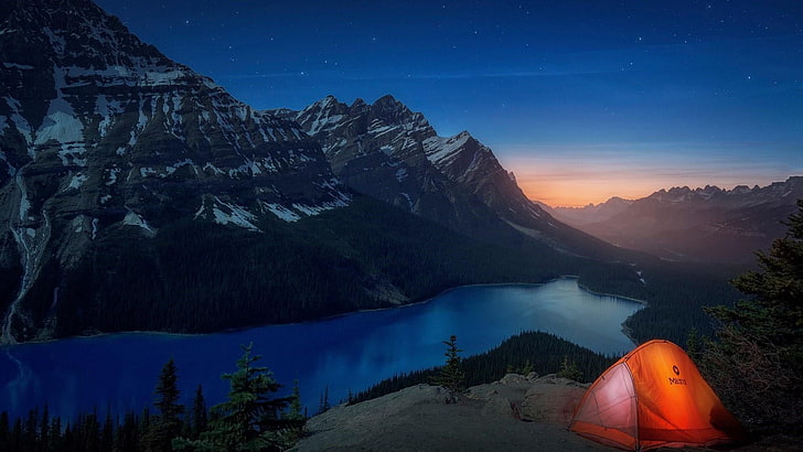 atmosfera, kanada, alberta, jezioro peyto, jezioro, park narodowy Banff, noc, park narodowy, góra, namiot, zamontować dekoracje, pasmo górskie, pustynia, niebo, natura, nocne niebo, Tapety HD