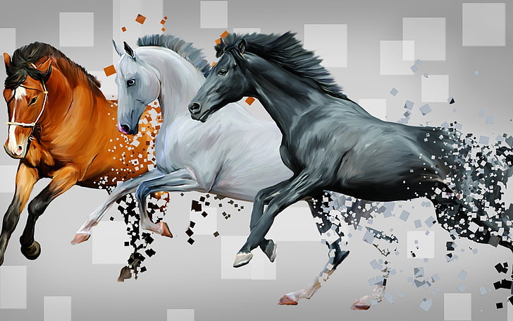 Horses, horse, run, animal, trio, drawing, HD wallpaper