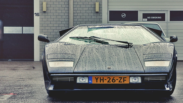 black sports car, car, Lamborghini, Dutch, water drops, rain, Lamborghini Countach, vehicle, Super Car, HD wallpaper
