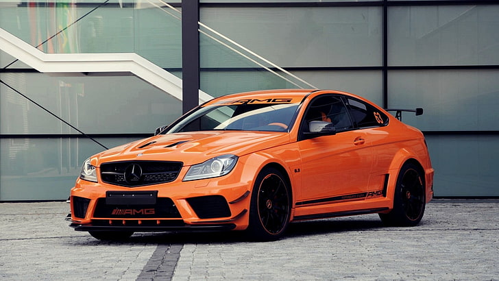 orange Mercedes-Benz coupe, C63 AMG, Mercedes-Benz, orange, car, HD wallpaper