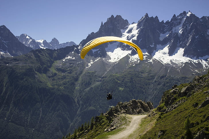 activity, adventure, alps, dirt road, flight, high, landscape, leisure, mountain peak, mountains, nature, outdoors, paraglider, paragliding, path, pathway, pinnacle, road, rocks, rocky mountains, HD wallpaper