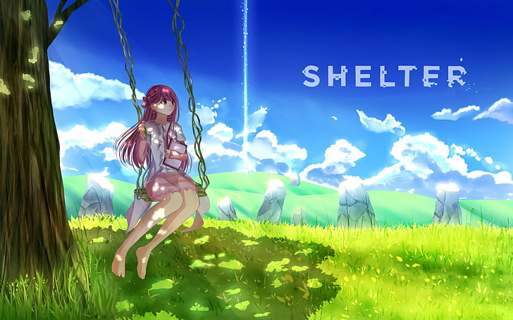 shelter, rin, swing, landscape, clouds, sky, grass, Anime, HD wallpaper