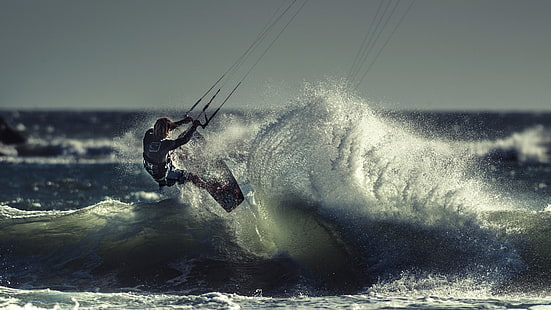 camicia da uomo nera, kite surf, sport, Sfondo HD HD wallpaper