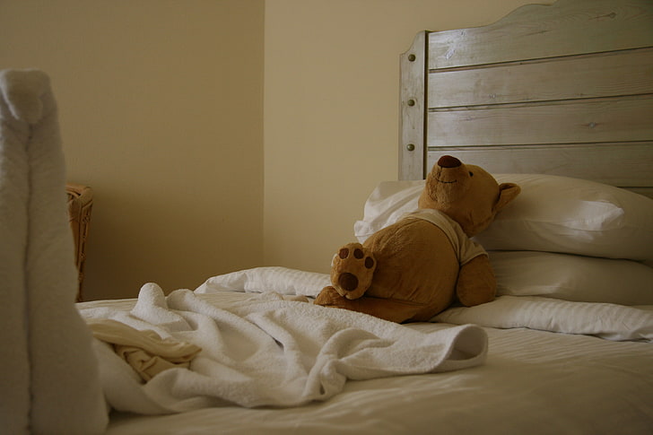 brown bear plush toy, joy, mood, stay, toy, bed, sleep, bear, the hotel, HD wallpaper