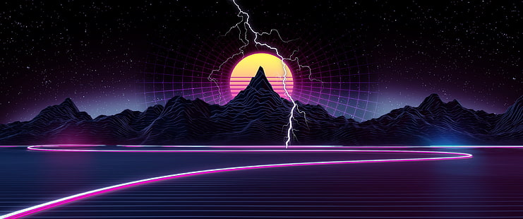  The sun, Mountains, Music, Stars, Lightning, Space, Background, Graphics, 80s, 80's, Synth, Retrowave, Synthwave, New Retro Wave, Futuresynth, Sintav, Retrouve, Outrun, HD wallpaper HD wallpaper