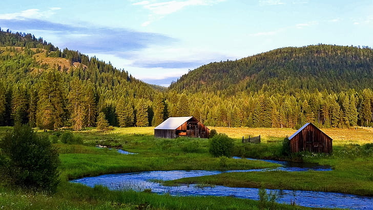 Forest, valley, lodge, river, grass, trees, brown wooden barn near river, Forest, Valley, Lodge, River, Grass, Trees, HD wallpaper