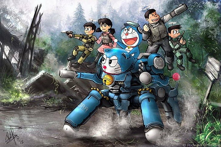 anime, Crossover, Doraemon, Ghost In The Shell, Tachikoma, HD wallpaper