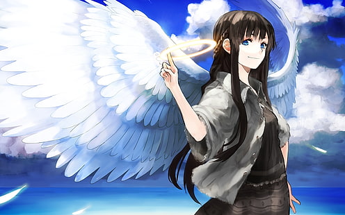 อะนิเมะ Angel Girl Wings With Clouds, วอลล์เปเปอร์นางฟ้าผมสีดำ, อะนิเมะ / แอนิเมชัน, สาว, อะนิเมะ, เมฆ, ปีก, วอลล์เปเปอร์ HD HD wallpaper
