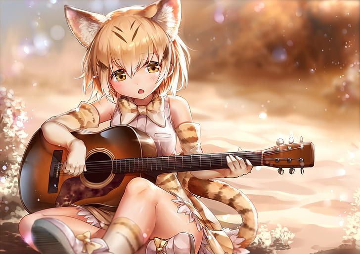 animal ears, blonde, Sand Cat(Kemono Friends), Kemono Friends, guitar, yellow eyes, HD wallpaper