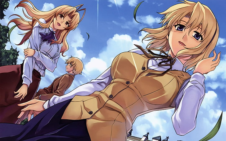 blonde-haired female anime character, anime, girls, guy, walks, pleasure, HD wallpaper
